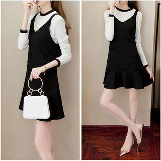Set: Contrast Trim Long-sleeve Top + Pinafore Dress