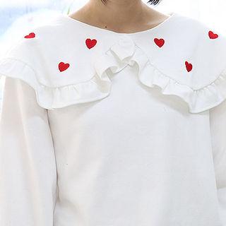 Heart-embroidered Frill-collar Pullover