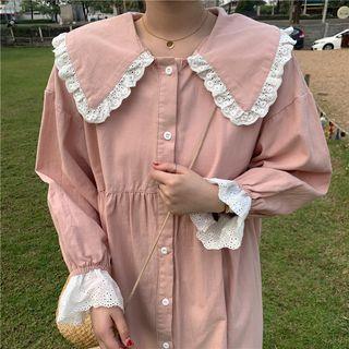 Lace Trim Collared Long-sleeve Dress