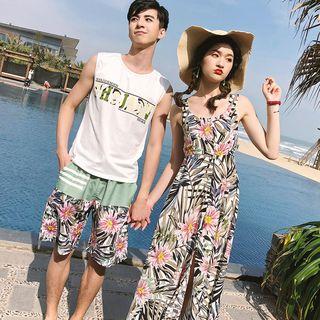 Couple Matching Printed Tank Top / Floral Midi Spaghetti Strap Dress
