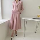 Set: Single-button Stripe Blazer + Pleated Long Skirt