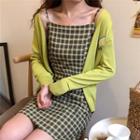 Embroidered Buttoned Cardigan / Spaghetti-strap Check Mini Shift Dress