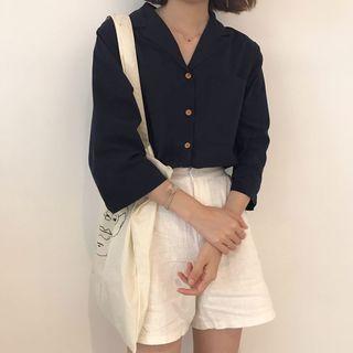V-neck Elbow Sleeve Blouse Navy Blue - One Size