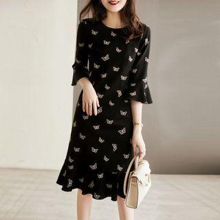 Bell-sleeve Butterfly Print Ruffle Hem Midi A-line Dress