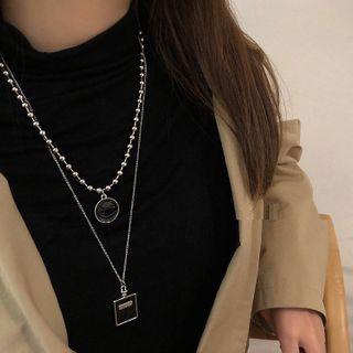 Disc & Square Glaze Pendant Layered Necklace Necklace - Glaze - Black - One Size