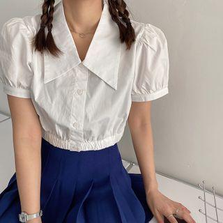 Lapel Plain Puff Short Sleeve Crop Top White - One Size