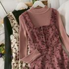Set: Mock-neck Knit Top + Printed Sleeveless Midi Dress