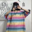 Short-sleeve Striped T-shirt Orange & Pink - One Size