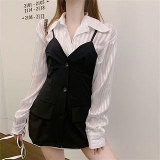 Striped Shirt / Mini A-line Overall Dress
