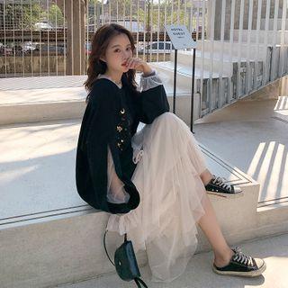 Set: Paneled Sweatshirt + Midi A-line Mesh Skirt