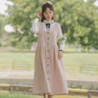 Long-sleeve Frill Trim Bow Blouse / Midi A-line Corduroy Overall Dress / Set