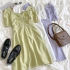 Short-sleeve Plain Square-neck A-line Midi Dress