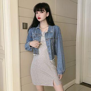 Spaghetti-strap Mini Sheath Dress / Fray Hem Denim Jacket