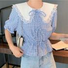 Short-sleeve Lace Collar Check Blouse