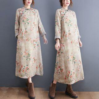 Long-sleeve Floral Print Frog Button Slit Midi Shift Dress