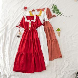 Contrast Trim Square Neck Layered A-line Dress