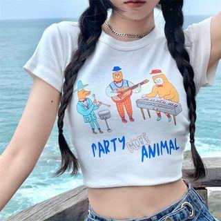 Short-sleeve Bear Print Crop T-shirt White - One Size