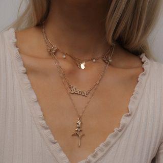 Alloy Butterfly Lettering & Flower Pendant Layered Necklace