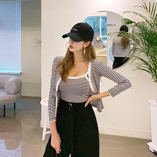 Set: 3/4-sleeve Stripe Cropped Cardigan + Sleeveless Top