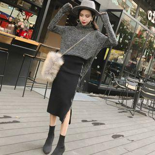 Set: Turtleneck Sweater + Midi Side-zip Knit Skirt Set - Dark Gray & Black - One Size