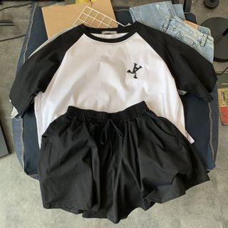 Set: Letter Embroidered Short-sleeve Raglan T-shirt + Shorts