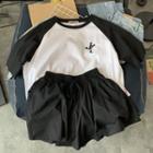 Set: Letter Embroidered Short-sleeve Raglan T-shirt + Shorts