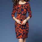 Floral Print 3/4-sleeve Sheath Dress