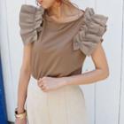 Sleeveless Round Neck Ruffle Trim Top Khaki - M