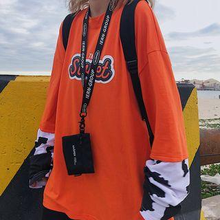 Mock Two-piece Long-sleeve Paneled T-shirt Tangerine - One Size