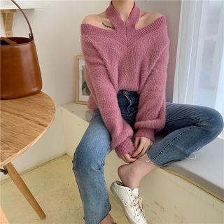 Cold-shoulder Long-sleeve Fleece Top Rose Pink - One Size