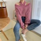 Cold-shoulder Long-sleeve Fleece Top Rose Pink - One Size