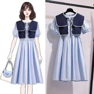 Set: Puff-sleeve A-line Dress + Shawl