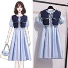 Set: Puff-sleeve A-line Dress + Shawl