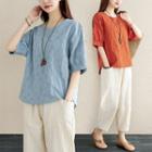 Elbow-sleeve Linen Top / Loose Fit Pants / Set