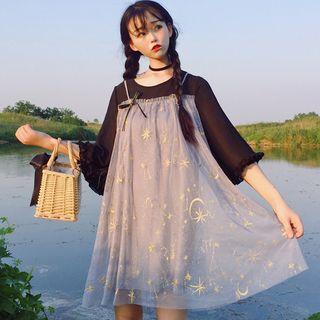 Mock Two-piece 3/4-sleeve Sheer Panel Mini Dress