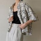 Elbow-sleeve Textured Plaid Shirt