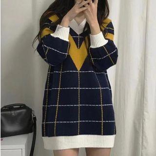 V-neck Plaid Mini Sweater Dress Blue - One Size