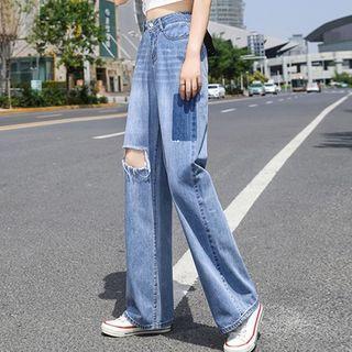 High-waist Patched Distressed Wide-leg Jeans