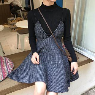 Long-sleeve Plain Top / Spaghetti-strap Striped Dress