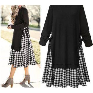 Long-sleeve Check Panel Midi A-line Dress