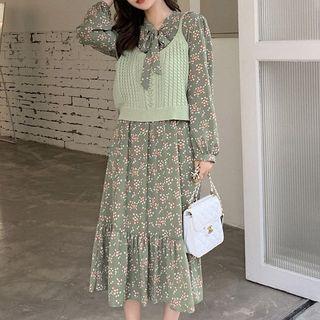 Flower Print Long-sleeve Midi A-line Dress / Pointelle Knit Camisole Top / Set