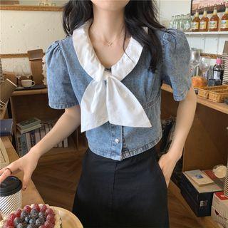 Short-sleeve Bow-front Denim Blouse