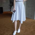Asymmetric-hem Striped A-line Midi Skirt
