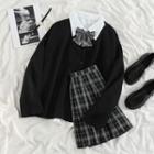 Plain Cardigan / Plaid Skirt / Shirt