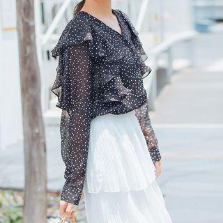 Frilled Trim Dotted Print V-neck Blouse