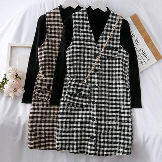 Set: Mock-neck Knit Top + Houndstooth Sleeveless Shirtdress