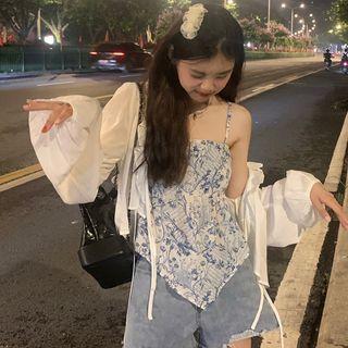 Asymmetrical Hem Floral Camisole Top / Puff-sleeve Ruffle Hem Tie-strap Cardigan