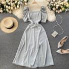 Puff Short-sleeve Single-slit Midi A-line Dress