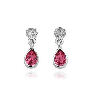 Elegant Water Drop-shaped Earrings With Rose Red Austrian Element Crystal Silver - One Size