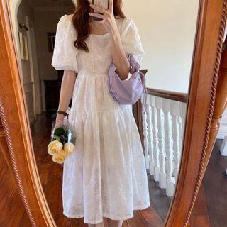 Open-back Puff-sleeve Midi A-line Dress Off-white - One Size